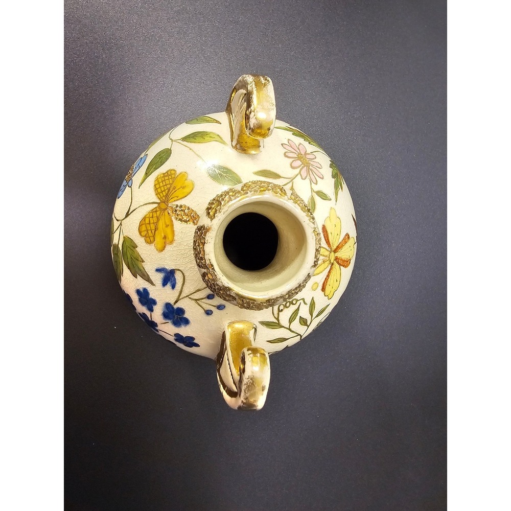Vintage Hand Painted Floral Crackle Glaze Ceramic Amphora Vase Urn Gold Trm 5.5"